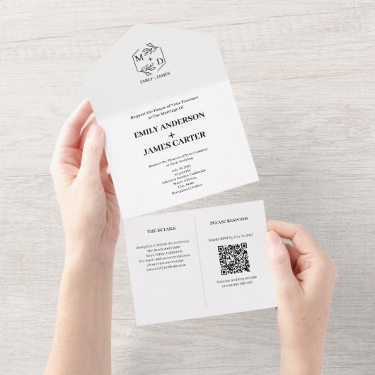 Minimale botanische QR-Code-Monogramm-Hochzeit All In One Einladung (Abreißtisch)