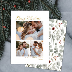 Minimale Botanische Schrift 3 Multi-Foto Weihnacht Feiertagskarte