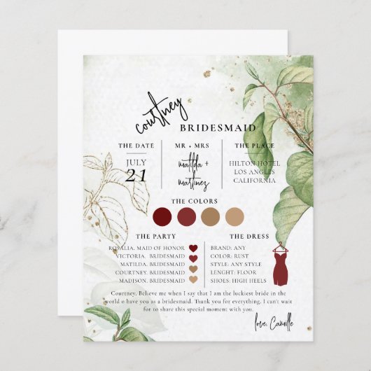 Minimale botanische Text Script Bridesmaid Info-Ka (Vorne/Hinten)