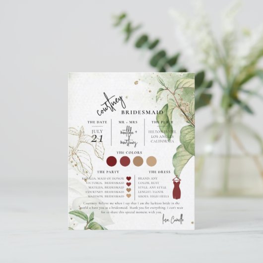 Minimale botanische Text Script Bridesmaid Info-Ka (Stehend Vorderseite)
