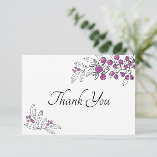Minimale Brautparty Lila Berries Blätter Dankeskarte (Stehend Vorderseite)