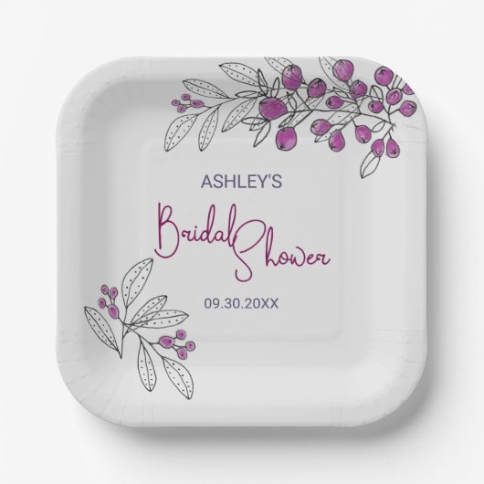 Minimale Brautparty Lila Berries Blätter Pappteller (Vorderseite)