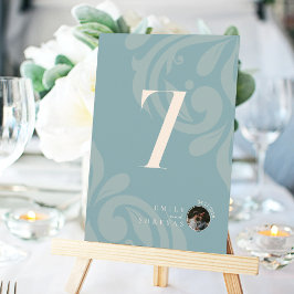 Minimale Damask Pewter Blue Foto Tischnummer Card