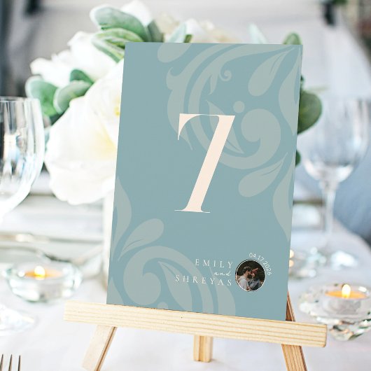 Minimale Damask Pewter Blue Foto Tischnummer Card
