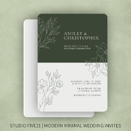 Minimale dunkle Moosgrün-Foliage Kontur Hochzeit Einladung
