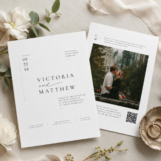 Minimale editorische QR-Code-Hochzeit mit einem Fo Einladung