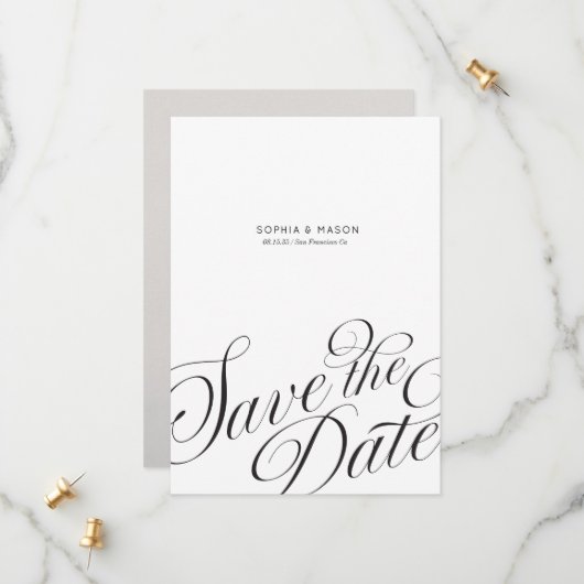 Minimale editorische Skript-Kalligrafie-Foto Save The Date (Vorderseite/Rückseite Beispiel)