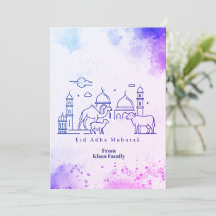 Minimale Eid al-Adha-Moschee und Tier-Linienkunst  Feiertagskarte