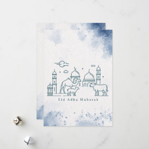 Minimale Eid al-Adha-Moschee und Tier-Linienkunst  Feiertagskarte