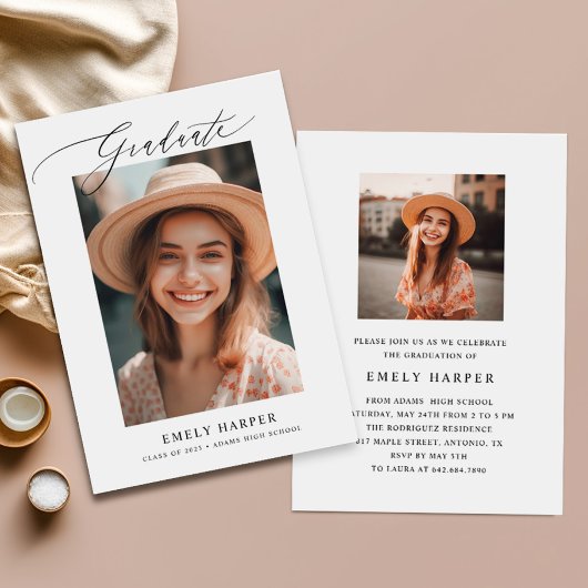 Minimale Elegant Script 2 Foto Graduation Party Einladung