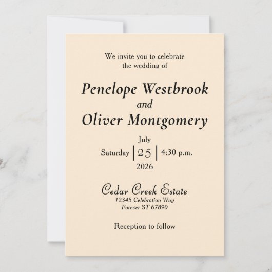 Minimale elegante elfenbeinfarbene Hochzeitseinlad Einladung (Vorderseite)