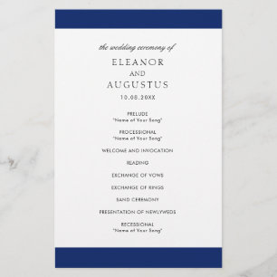 Minimale elegante Navy-Blau-Hochzeitsprogramm auf Flyer