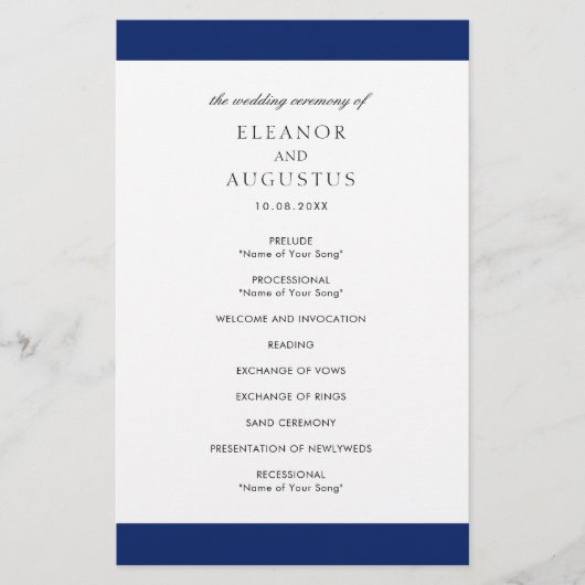 Minimale elegante Navy-Blau-Hochzeitsprogramm auf Flyer (Vorne)