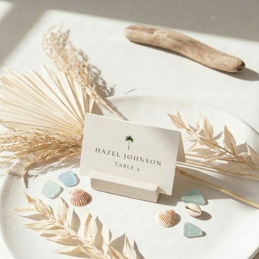 Minimale elegante Palmwedding-Platzkarten Tischnummer