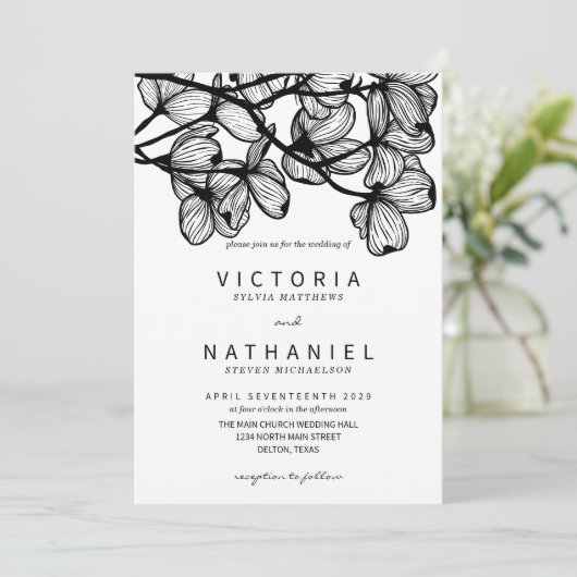 Minimale Elegante Schwarz-weiße Blumensommerhochze Einladung (Stehend Vorderseite)