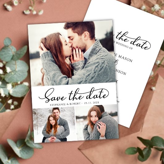 Minimale Elegante Script 3 Foto Collage Wedding Save The Date