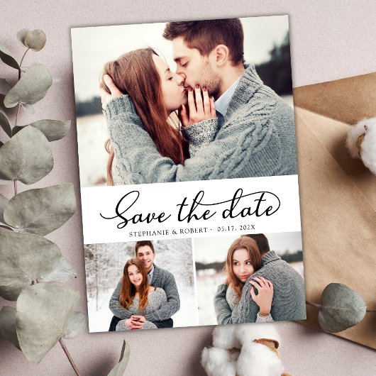 Minimale Elegante Script 3 Foto Collage Wedding Save The Date