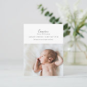 Minimale Elegante Script Foto Geburtshinweis Postkarte (Stehend Vorderseite)