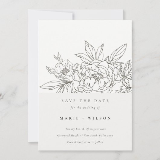 Minimale Eleganza Brawn Floral Sketch Save the Dat Einladung (Vorderseite)