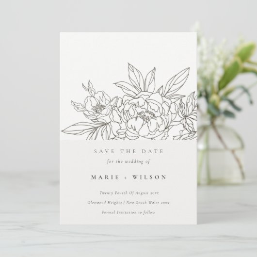 Minimale Eleganza Brawn Floral Sketch Save the Dat Einladung (Stehend Vorderseite)