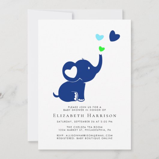 Minimale Elephant Blue Baby Duwer Virtual Option Einladung (Vorderseite)