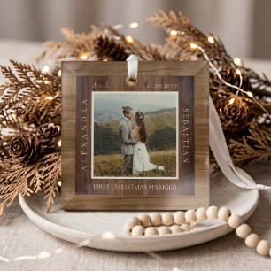 Minimale erste Weihnachten verheiratet Foto Holzma Ornament Aus Glas