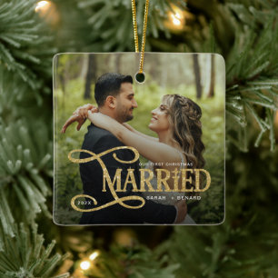 Minimale erste Weihnachten verheiratete Paare 2 Fo Keramikornament
