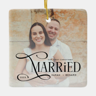 Minimale erste Weihnachten verheiratete Paare 2 Fo Keramikornament