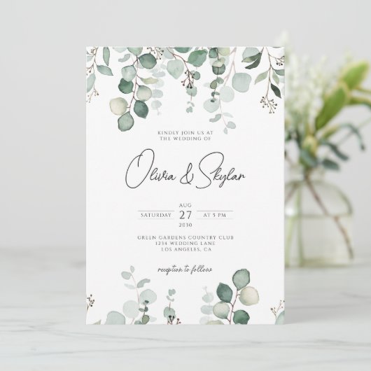 Minimale Eukalyptus-botanische QR bei einer Hochze Einladung (Stehend Vorderseite)