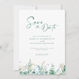 Minimale Eukalyptus Gold-Hochzeit retten das Datum Save The Date