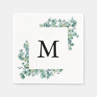 Minimale Eukalyptus-Grünblatt-Monogramm-Hochzeit Serviette