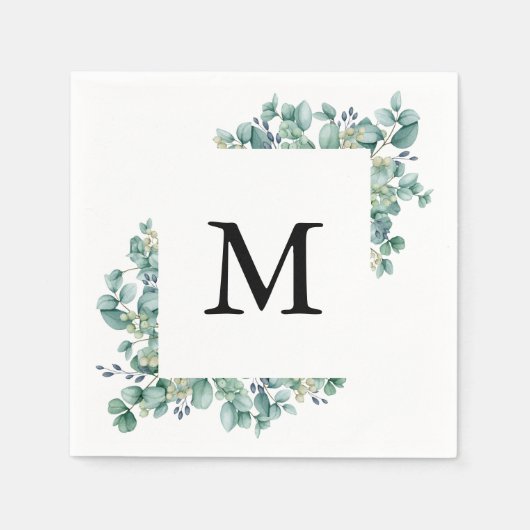 Minimale Eukalyptus Grünes Leaf Monogramm Hochzeit Serviette (Vorderseite)