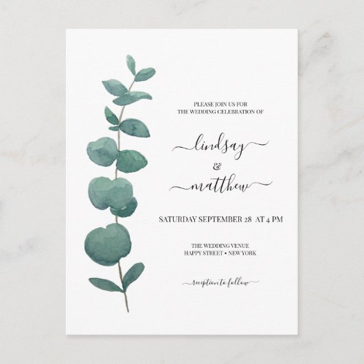 Minimale Eukalyptus-Hochzeit Einladungspostkarte (Vorderseite)