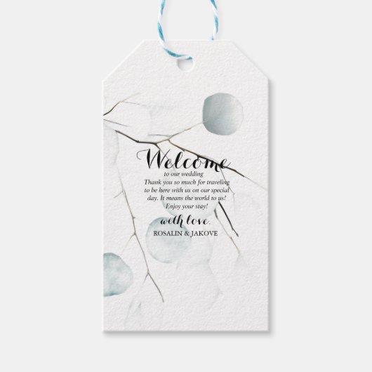 Minimale Eukalyptus-Hochzeits-Willkommensgeschenk- Geschenkanhänger (Vorderseite)