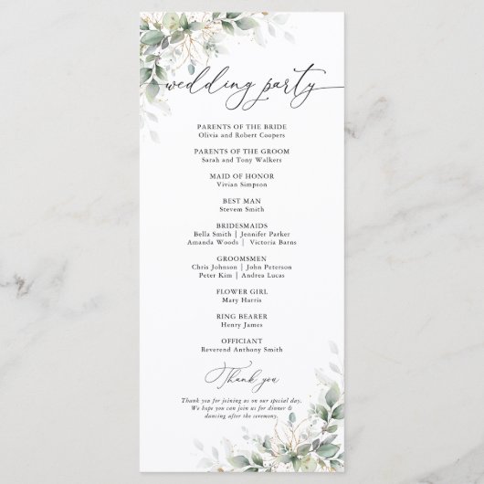 Minimale Eukalyptus-Hochzeitsprogramm Programm (Rückseite)
