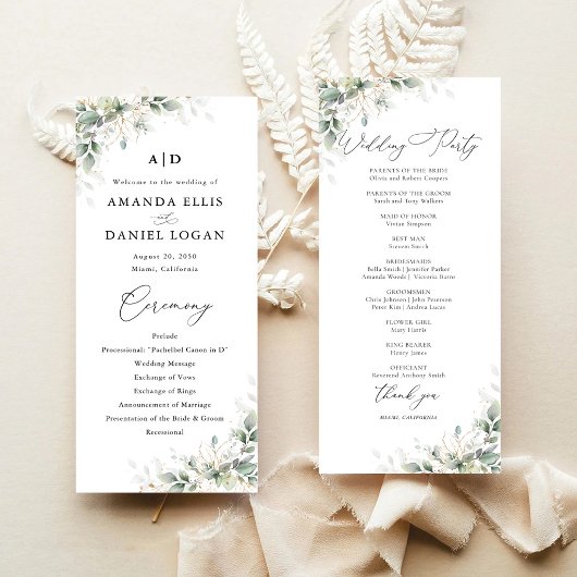 Minimale Eukalyptus-Hochzeitsprogramm Programm