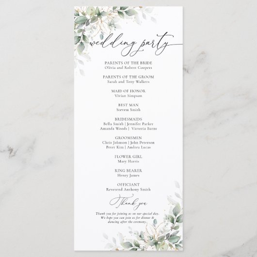 Minimale Eukalyptus-Hochzeitsprogramm Programm (Rückseite)