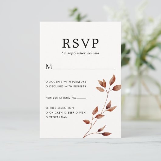 Minimale Fall Leaf Botanische Hochzeit RSVP Karte (Stehend Vorderseite)