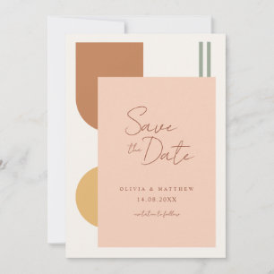 Minimale farbenfrohe Boho-Terrakotta-Bogenhochzeit Save The Date