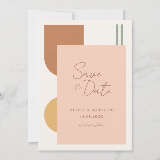 Minimale farbenfrohe Boho-Terrakotta-Bogenhochzeit Save The Date (Vorderseite)