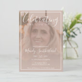 Minimale Feier des Lebens Elegantes Script-Foto Einladung (Stehend Vorderseite)