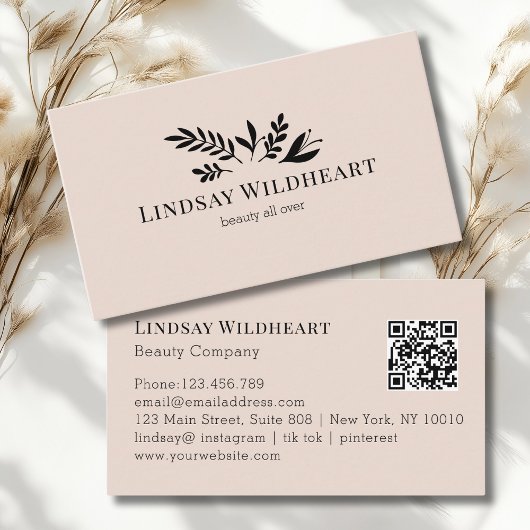Minimale Florale Beige-Rosa Botanische QR-Code Visitenkarte