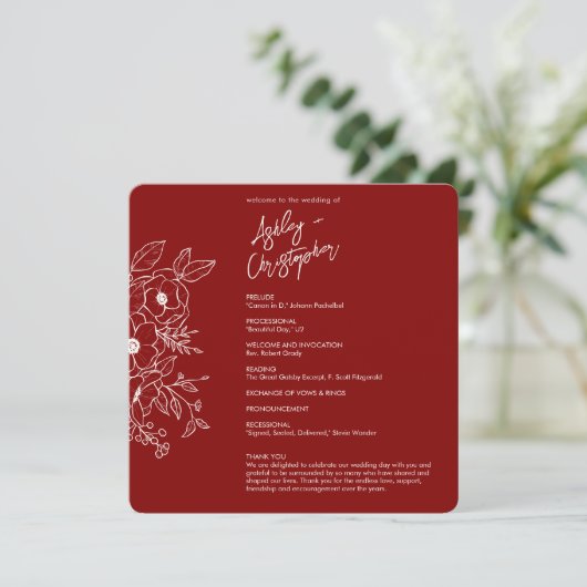 Minimale florale botanische Ruby Red Wedding Programm (Stehend Vorderseite)