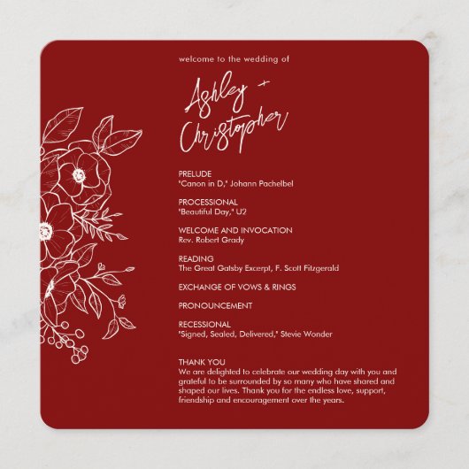 Minimale florale botanische Ruby Red Wedding Programm (Vorderseite)