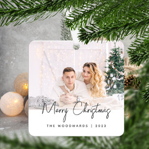 Minimale Foto Frohe Weihnachten Graue Schrift Ornament Aus Metall