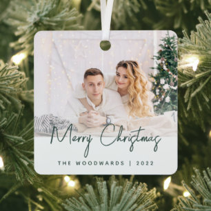 Minimale Foto-Fröhliche Weihnachten Grüne Schrift Ornament Aus Metall