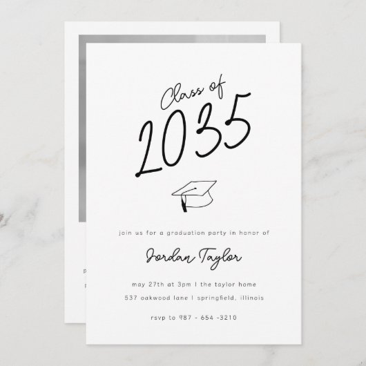 Minimale Foto Graduation Party Schwarz/Weiß Einladung (Vorne/Hinten)
