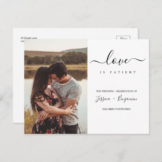 Minimale Foto Hochzeit Postponement Liebe ist Pati Postkarte (Vorne/Hinten)