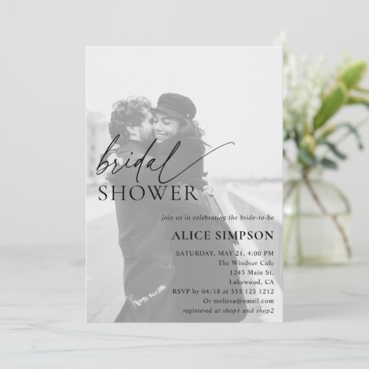 Minimale Foto Script Bridal Dusche Einladung (Stehend Vorderseite)