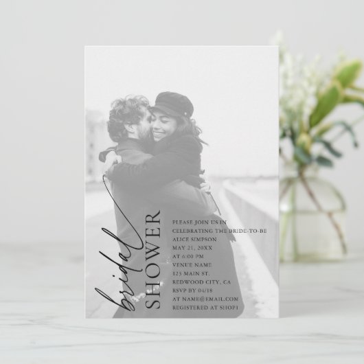 Minimale Foto Script Bridal Dusche Einladung (Stehend Vorderseite)